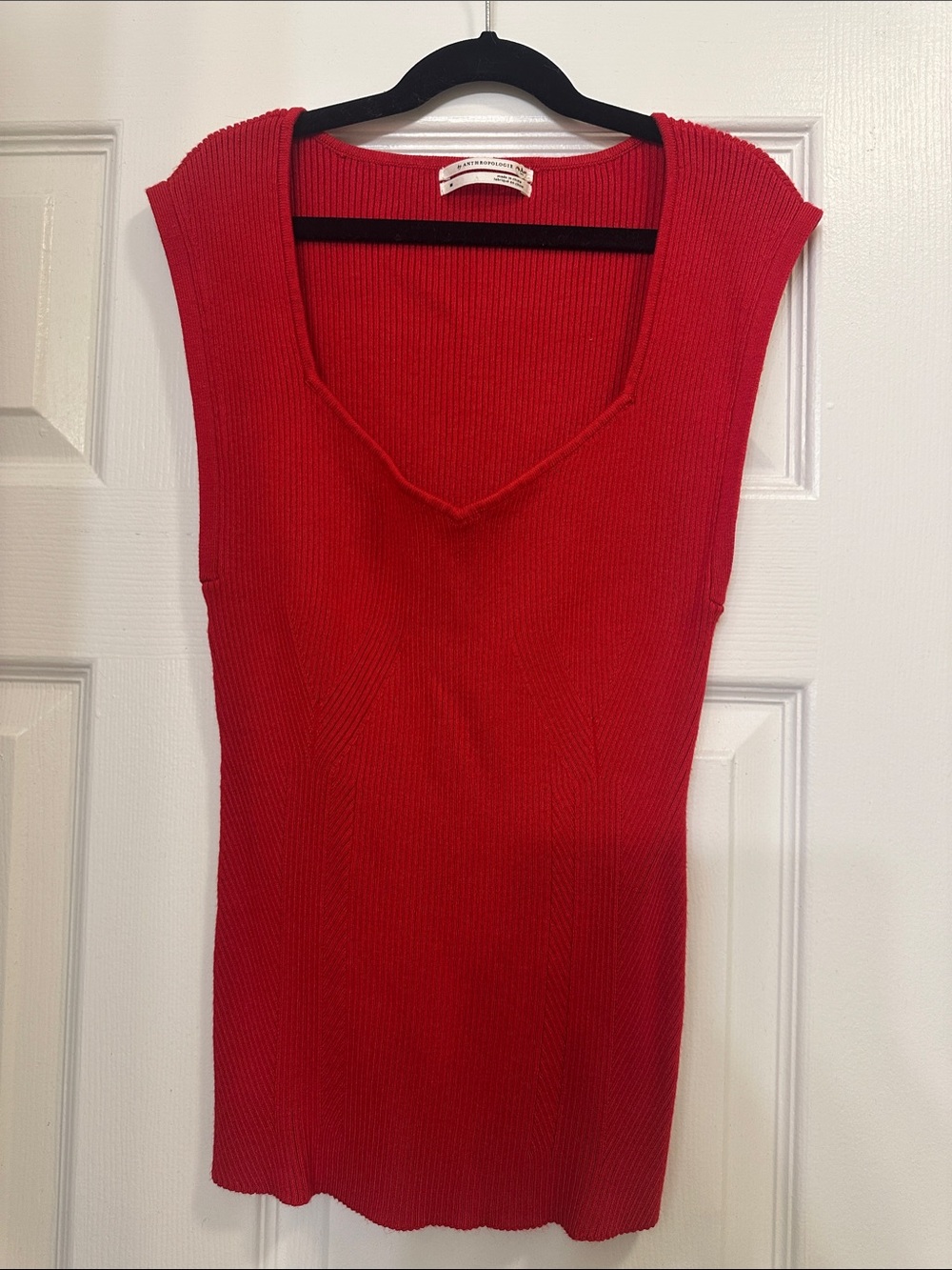 Anthropologie Red Ribbed V-Neck Knit Tank